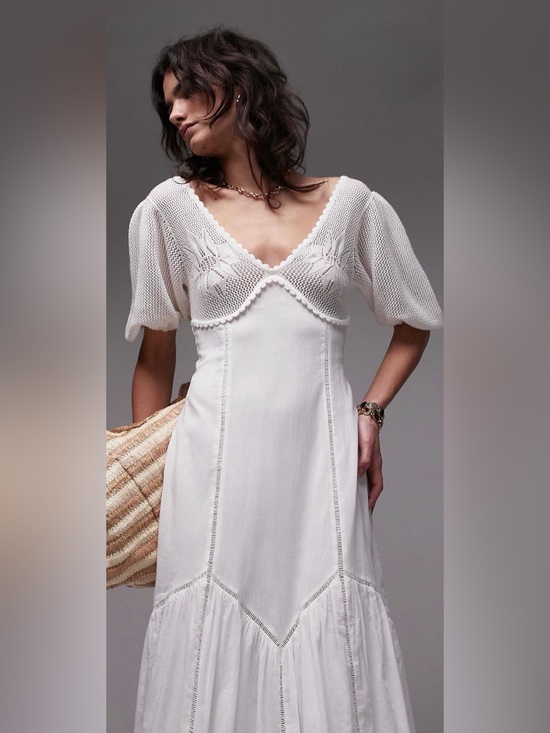 Topshop Dresses & Skirts - Topshop White Crochet Bust Puff Sleeve Midi Dress US 6 NWOT